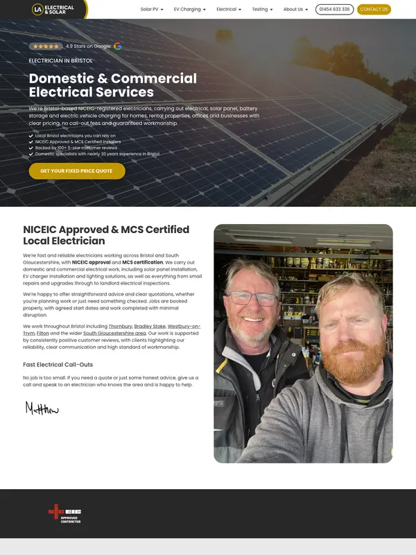 Screenshot of the LA Electrical & Solar website