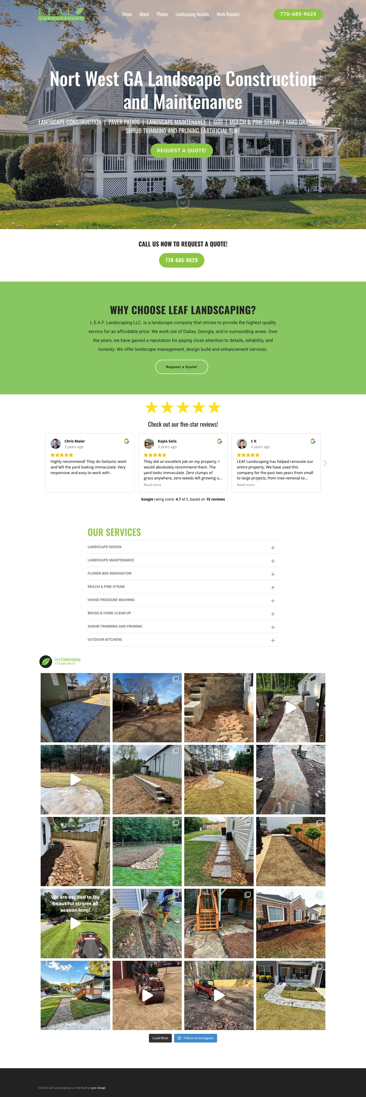 Full page screenshot of the LEAF Landscaping website