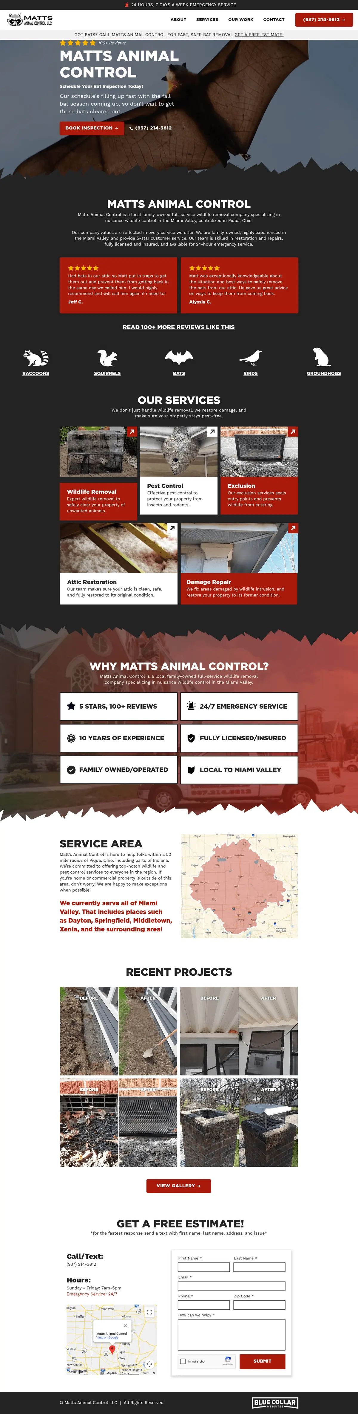 Full page screenshot of the Matts Animal Control website