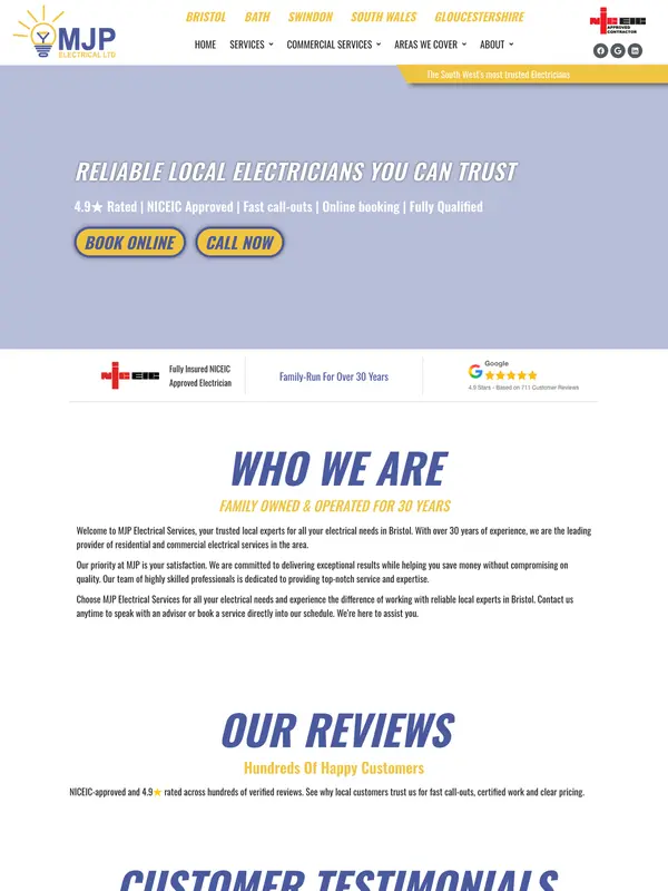 Screenshot of the MJP Electrical Services website