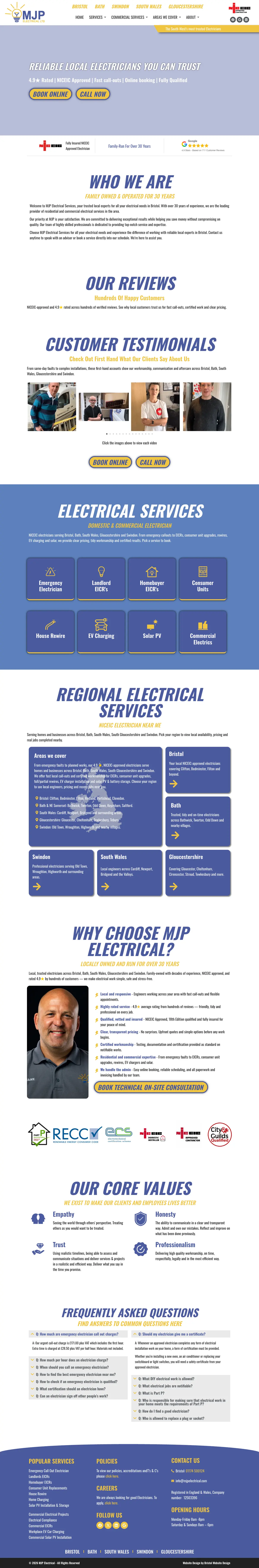 Full page screenshot of the MJP Electrical Services website