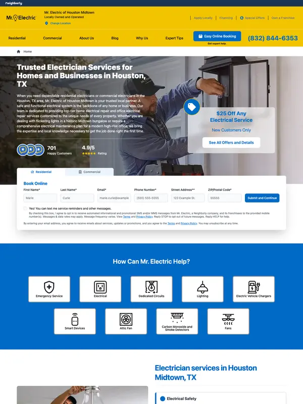 Screenshot of the Mr. Electric of Houston Midtown website