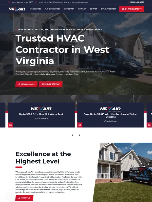 Screenshot of the NexAir Home Services website