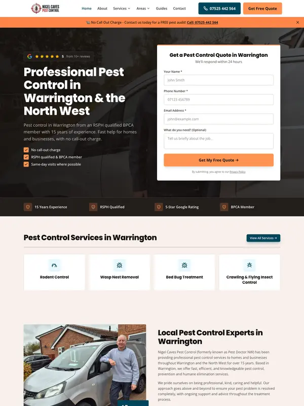 Screenshot of the Nigel Caves Pest Control website