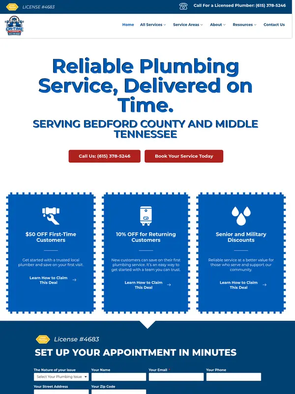 Screenshot of the On-Time Plumbing website