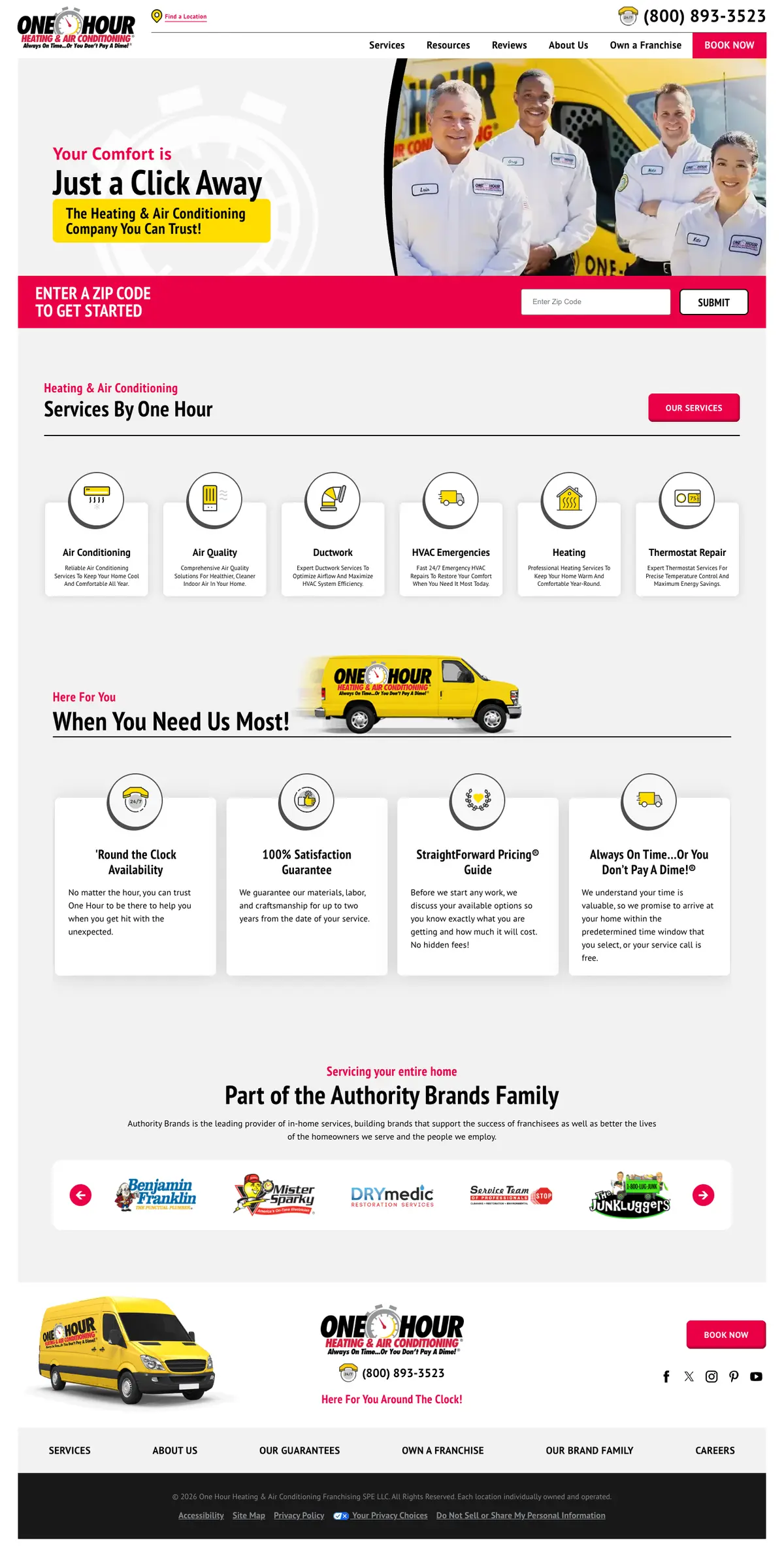 Full page screenshot of the One Hour Heating & Air Conditioning website