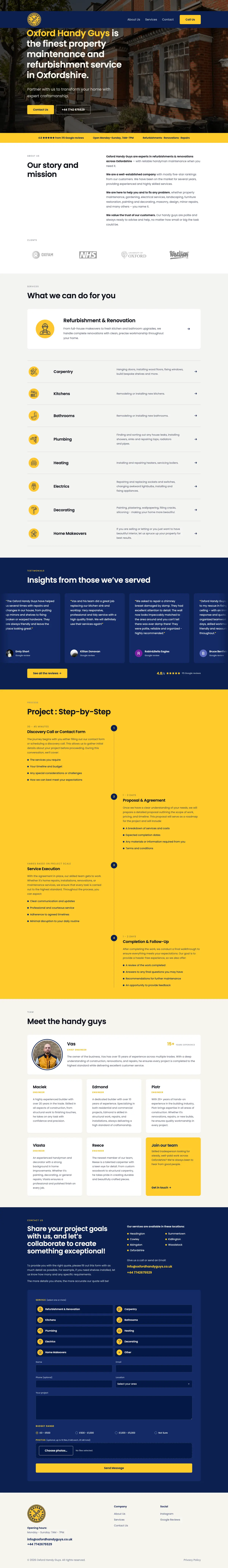 Full page screenshot of the Oxford Handy Guys website