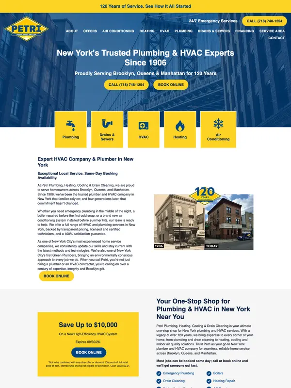 Screenshot of the Petri Plumbing, Heating, Cooling & Drain Cleaning website