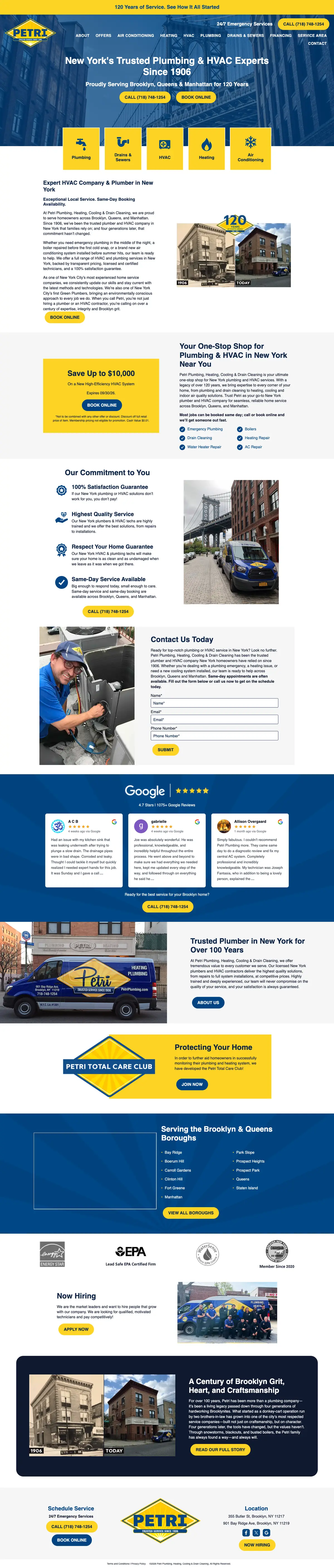Full page screenshot of the Petri Plumbing, Heating, Cooling & Drain Cleaning website