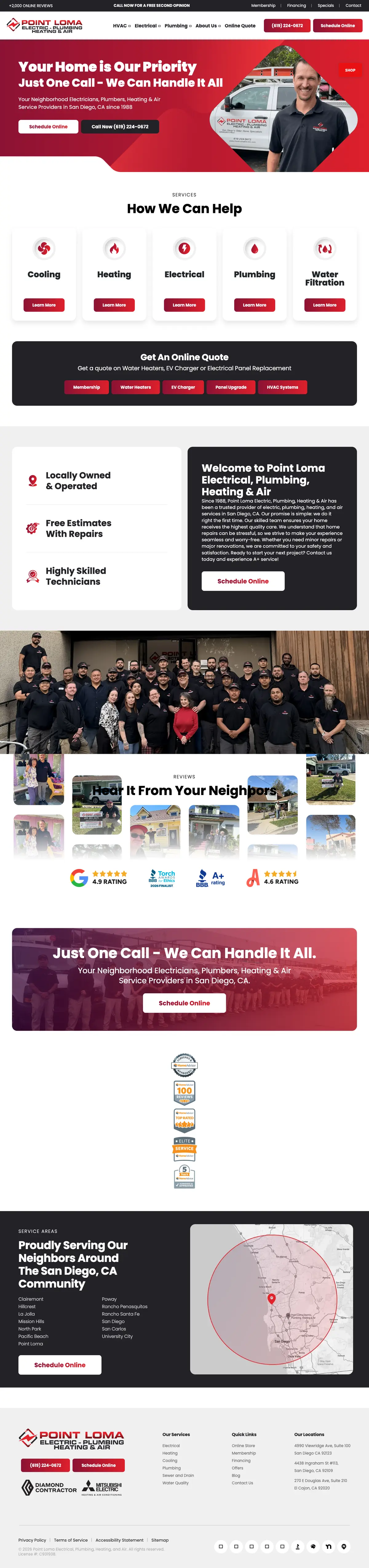 Full page screenshot of the Point Loma Electric, Plumbing, Heating & Air website