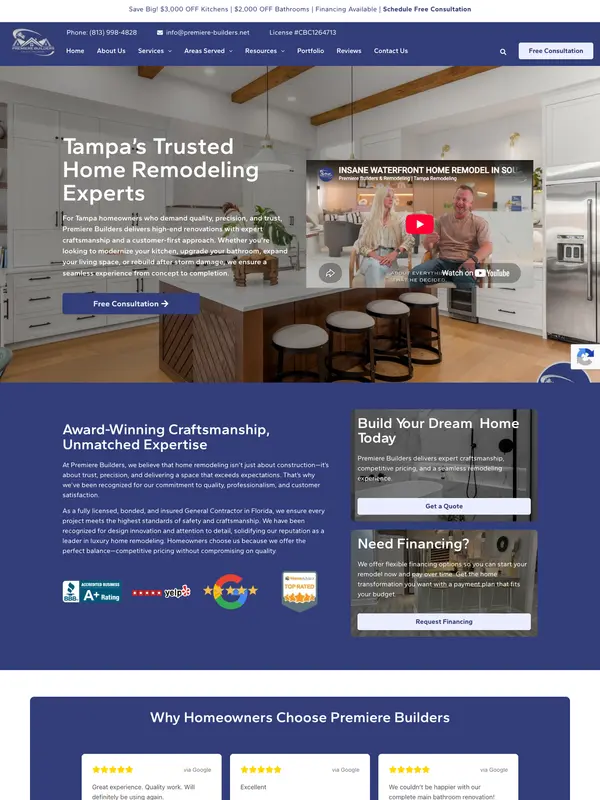 Screenshot of the Premiere Builders website