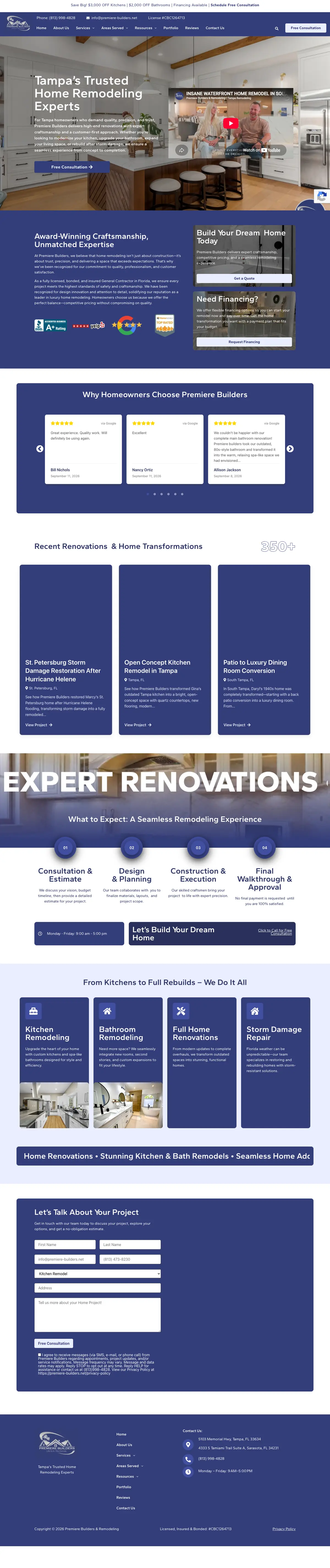 Full page screenshot of the Premiere Builders website