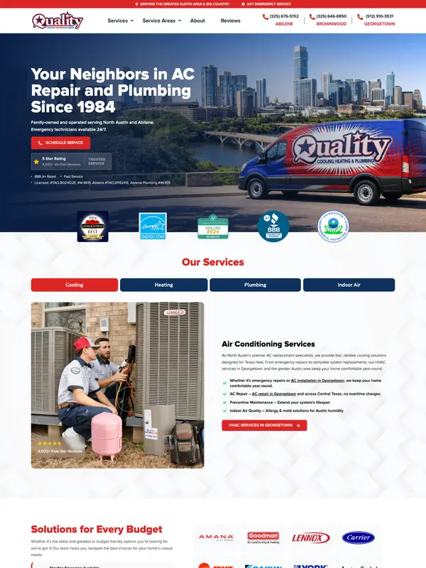 Screenshot of the Quality Cooling, Heating & Plumbing website