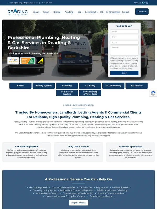 Screenshot of the Reading Heating Solutions website