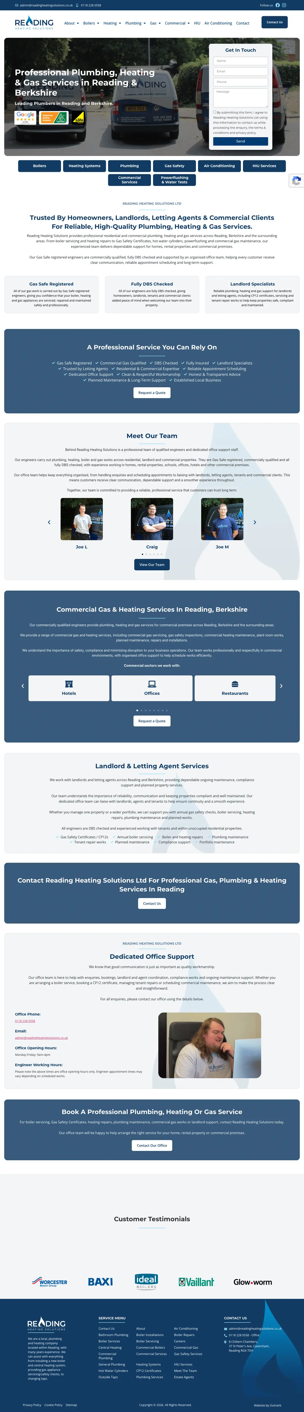 Full page screenshot of the Reading Heating Solutions website