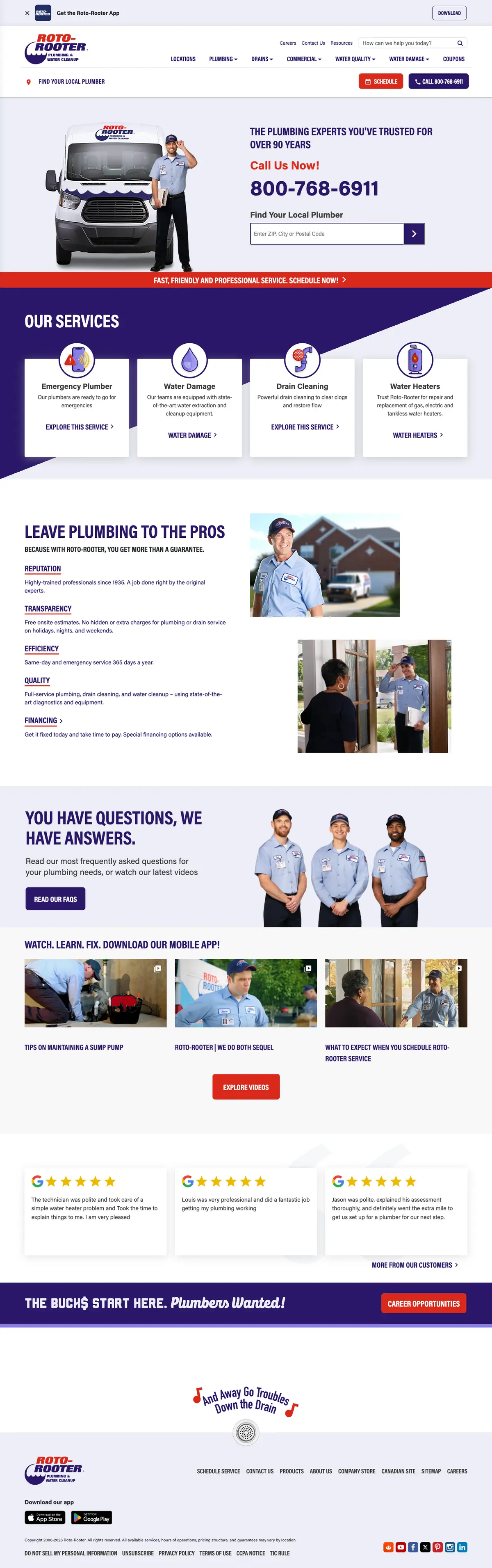 Full page screenshot of the Roto-Rooter website