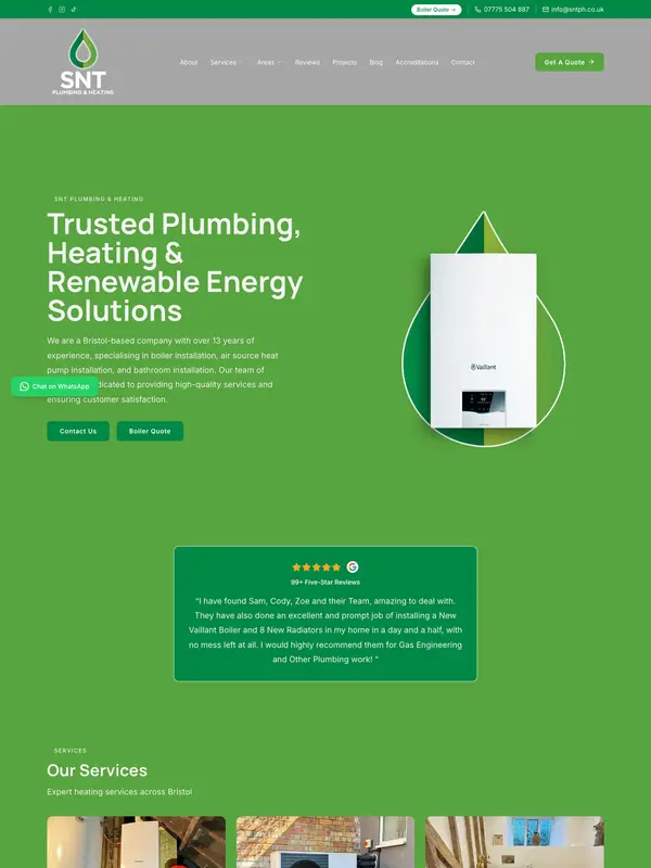 Screenshot of the SNT Plumbing & Heating website