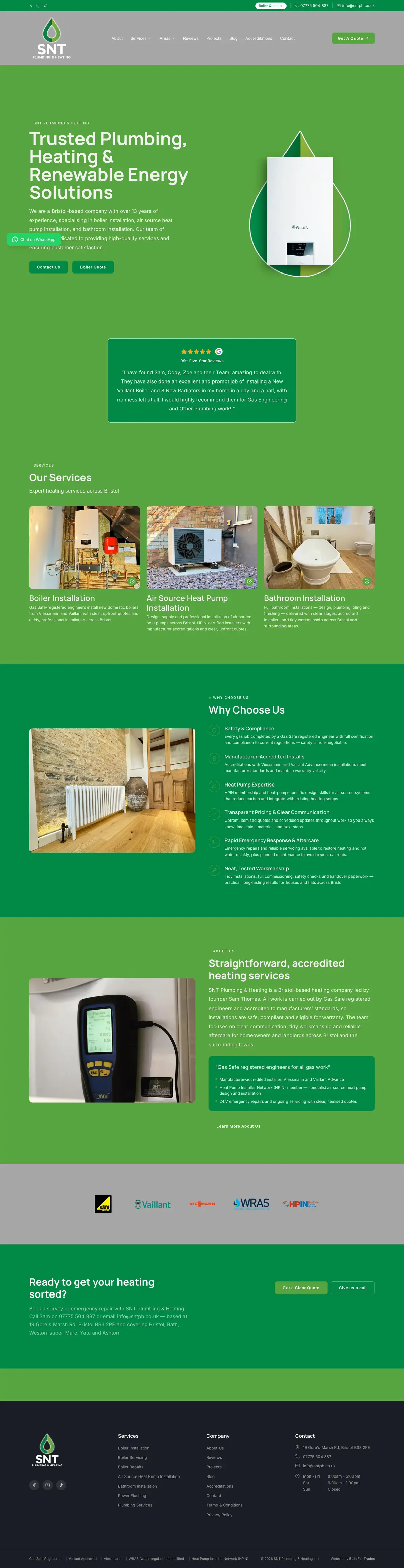 Full page screenshot of the SNT Plumbing & Heating website