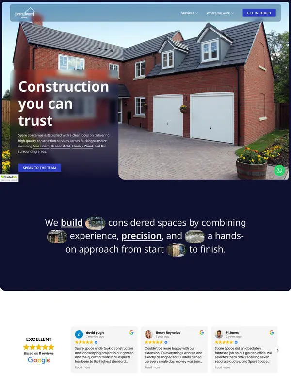 Screenshot of the Spare Space Construction Group website