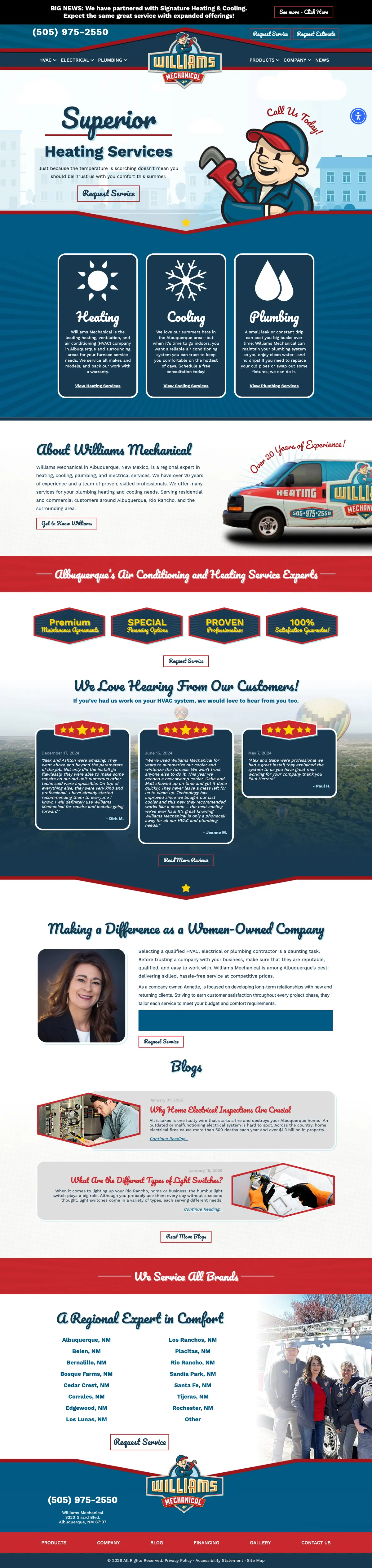 Full page screenshot of the Williams Mechanical website