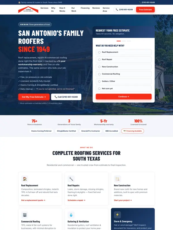 Screenshot of the Yuras Roofing Company website