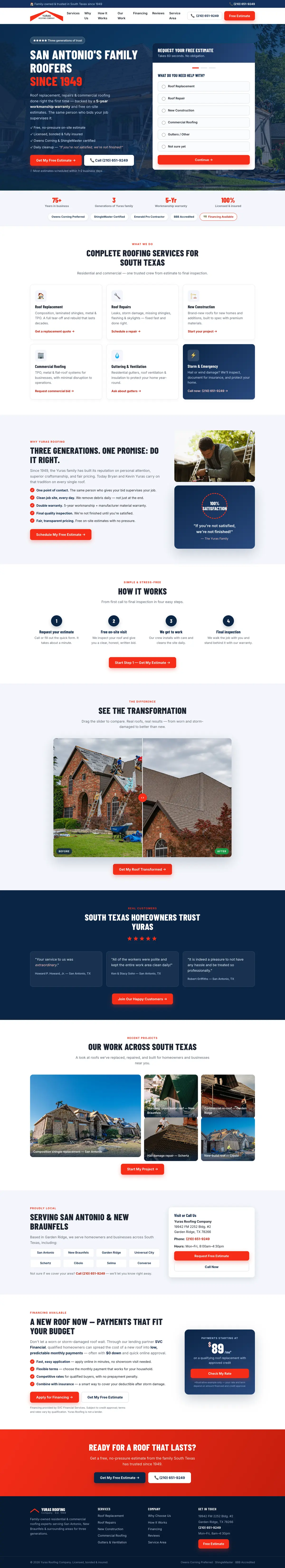 Full page screenshot of the Yuras Roofing Company website