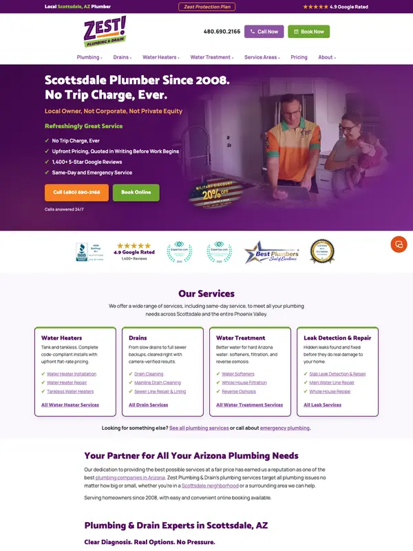 Screenshot of the Zest Plumbing & Drain website