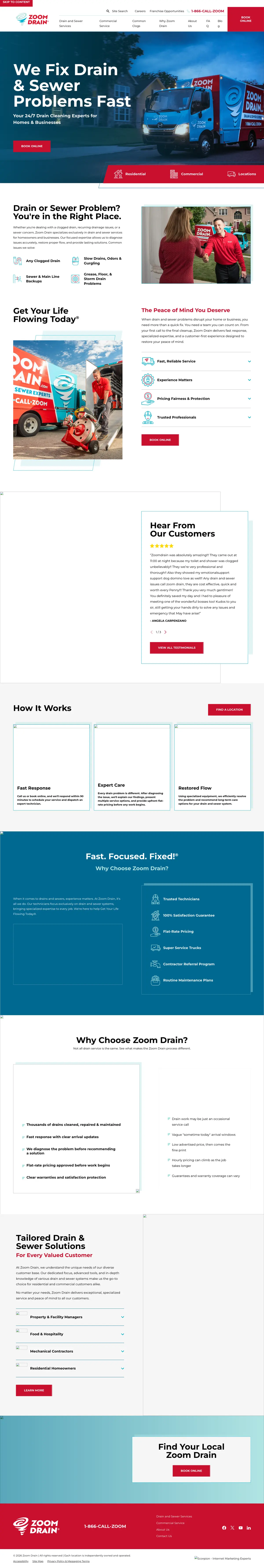 Full page screenshot of the Zoom Drain website